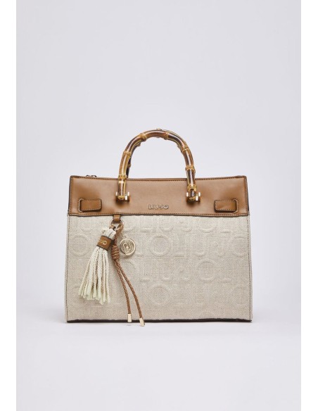 Borsa media in juta con manici bamboo e charms