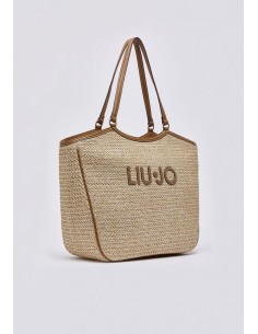 Borsa tote grande in rafia con maxi logo