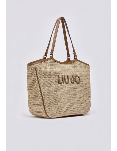 Borsa tote grande in rafia con maxi logo