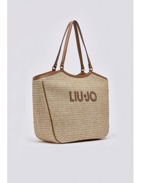 Borsa tote grande in rafia con maxi logo