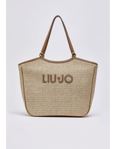 Borsa tote grande in rafia con maxi logo