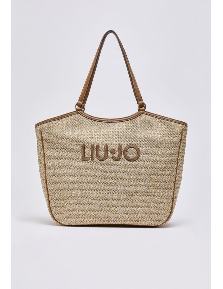 Borsa tote grande in rafia con maxi logo