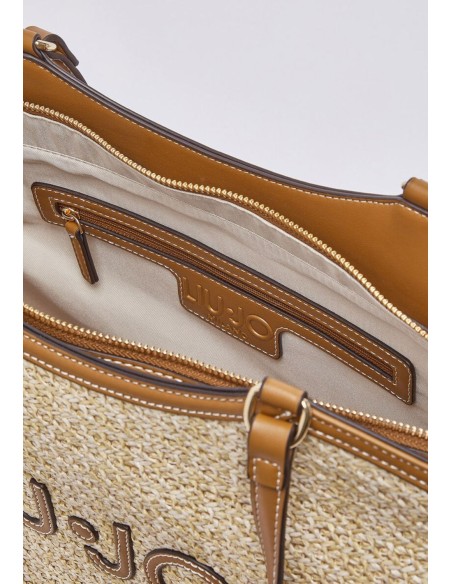 Borsa tote grande in rafia con maxi logo