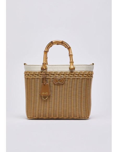 Borsa piccola in rafia con manici bamboo