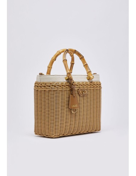 Borsa piccola in rafia con manici bamboo