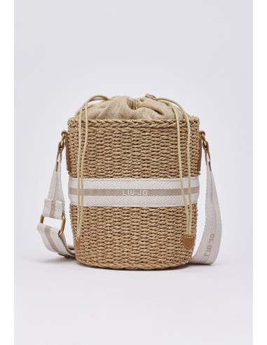 Borsa secchiello in paglia con logo jacquard