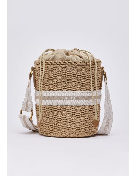 Borsa secchiello in paglia con logo jacquard