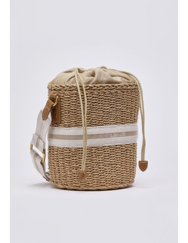 Borsa secchiello in paglia con logo jacquard