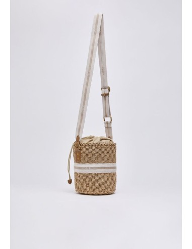 Borsa secchiello in paglia con logo jacquard