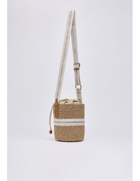Borsa secchiello in paglia con logo jacquard