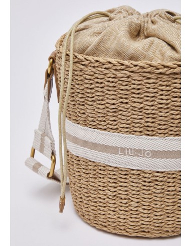 Borsa secchiello in paglia con logo jacquard