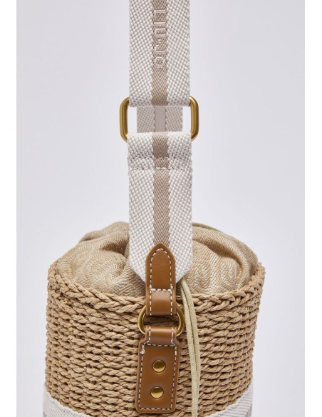 Borsa secchiello in paglia con logo jacquard